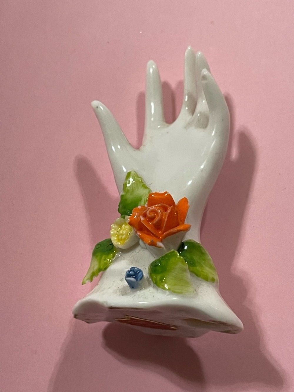 Vintage Porcelain Lego Miniature Hand w/ Flowers Hand Jewelry Display